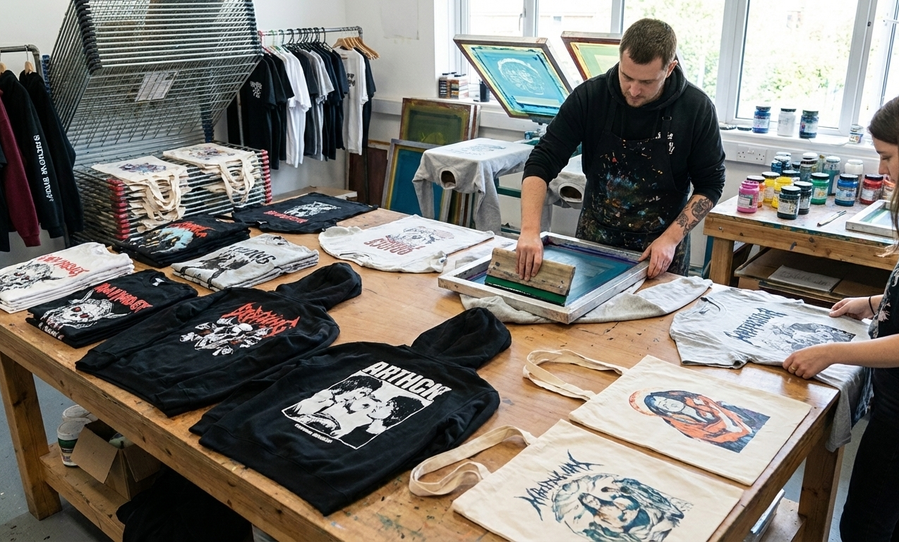 Pracownik wykonujący sitodruk na koszulce w profesjonalnej pracowni znakowania odzieży